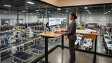 HLC Furniture Ash L-shaped height adjustable corner desk in a modern office overlooking a busy solar panel manufacturing floor, with a woman working at dual monitors.