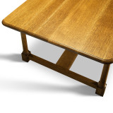 Overhead view of White Oak Farmhouse Dining Table highlighting rounded corners, rift and quarter sawn oak grain, and solid wood top
