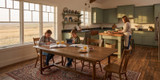 HLC Furniture white oak Farmhouse Dining Table in a warm country kitchen, with children doing homework while dinner is prepared nearby.