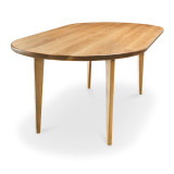 45 degree top angle photo of the Horizon Dining Table in white oak with racetrack-shaped top, sculpted edge, and tapered solid hardwood legs