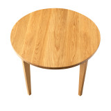 Front overhead view of the Cascade Round Dining Table with round hardwood top, softened edge, and elegantly sculpted solid wood legs