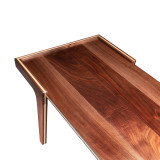 Overhead back view of solid walnut modern coffee table highlighting rectangular form, rich wood grain, and maple lamination detail