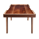 Short-side view of solid walnut modern coffee table with raised tray-style edge, floating top, and slim tapered legs