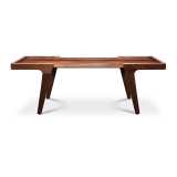 Low front view of minimalist solid walnut coffee table with clean modern silhouette, inset floating top, and angled legs