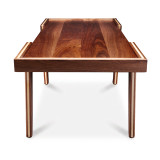 Short-side view of solid walnut modern coffee table with raised tray-style edge, floating top, and slim tapered legs