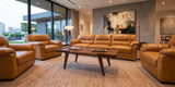 HLC Furniture Solid walnut modern coffee table in a contemporary living room with tan leather seating, woven rug, large windows, and warm modern decor.