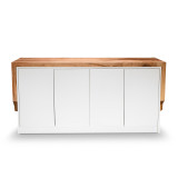 Front view of Rift Credenza with closed white four-door cabinet, thick maple waterfall top, and clean modern silhouette