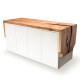 Rift Credenza with live-edge wormy maple waterfall slab, white four-door cabinet base, and modern architectural storage design