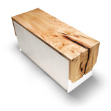 High angle view of Rift Credenza with thick live-edge maple top, white cabinet doors, and modern minimalist storage design