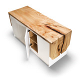 Rift Credenza with open cabinet door showing adjustable interior shelving, white seamless doors, and live-edge maple waterfall top