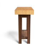 Short side profile of the hickory and walnut chopping station, displaying its 18-inch width and practical lower shelf for kitchen accessory storage.