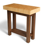 45-degree angle view of the solid wood kitchen prep table, highlighting the contrast between the light hickory end grain surface and heavy-duty 3x3 inch walnut legs.