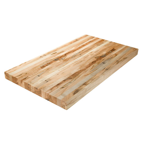 High angle shot of solid Wormy Maple Edge Grain wood countertop.