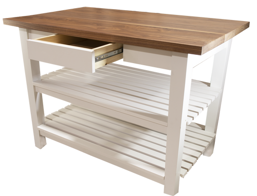A full architectural view of a custom solid wood butcher block kitchen island, featuring a seamlessly integrated slide-out storage drawer and two painted crossboard lower shelves.