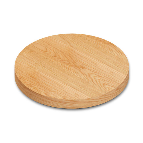High angled shot of a Round Red Oak wood table top in a Wide Plank construction style