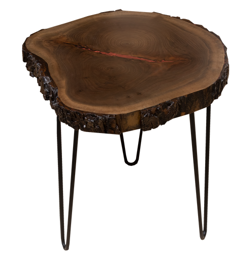 A handcrafted custom round live edge wood end table featuring a unique, natural grain authentic wood slab supported by three sleek black metal V-shaped legs.