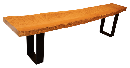 High angle view of a custom-designed live edge wood bench featuring a natural finished slab top and a flat-bottom stainless steel metal base.