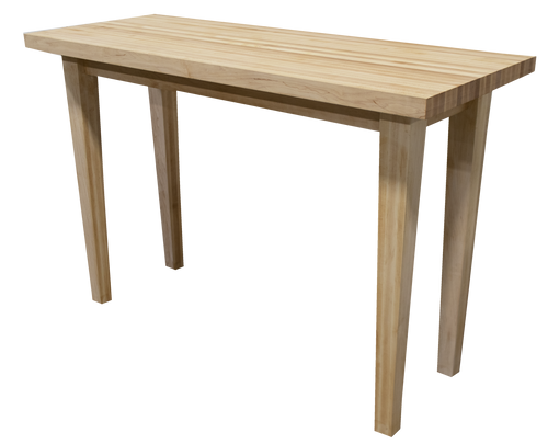 A heavy-duty, handcrafted solid wood butcher block table featuring a thick edge-grain surface with a durable, protective finish, supported by a sturdy, architectural wood base.