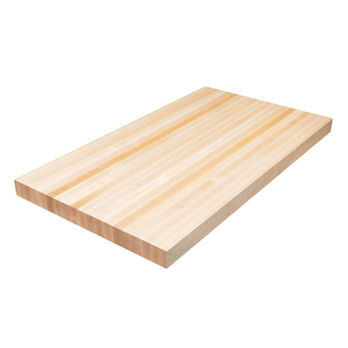 High angle shot of solid Wormy Maple Edge Grain wood countertop.