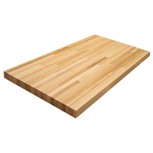 A bright and contemporary blended Ash kitchen island top, showcasing a beautiful patchwork of blonde and warm tan wood tones.