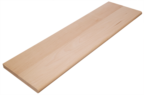 Angled shot of a solid Maple hardwood stair tread. The unfinished tread has a bullnose edge and no returns.