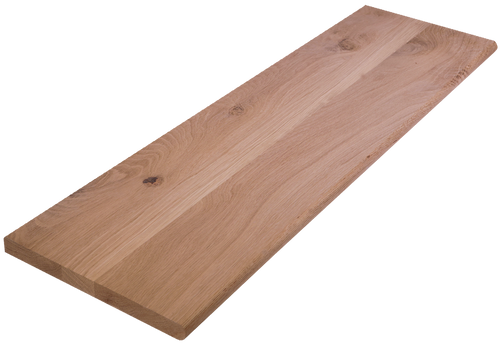Angled shot of a solid Character White Oak hardwood stair tread. The unfinished tread has a bullnose edge and no returns.
