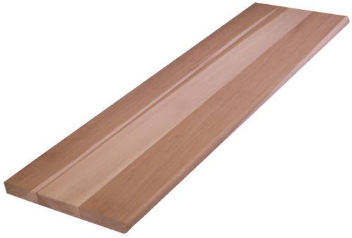 Angled shot of a solid Hickory hardwood stair tread. The unfinished tread has a bullnose edge and no returns.