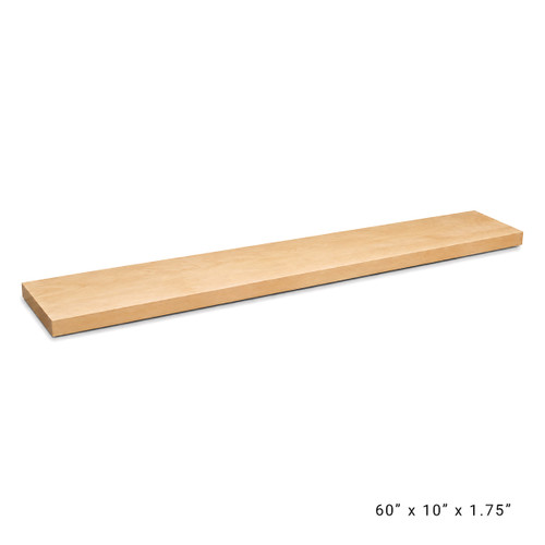 Premium Floating Shelf made from solid Hard Maple wood in a Wide Plank Style. This large shelf is 60-inches wide, 10-inches deep, and 1.75-inches thick.