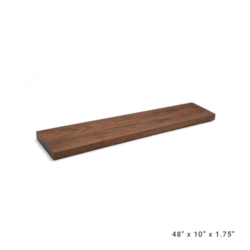 Deluxe Floating Shelf made from solid Walnut wood in a Wide Plank Style. This medium shelf is 48-inches wide, 10-inches deep, and 1.75-inches thick.