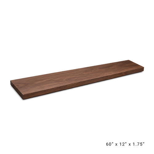 Deluxe Floating Shelf made from solid Walnut wood in a Wide Plank Style. This large shelf is 60-inches wide, 12-inches deep, and 1.75-inches thick.