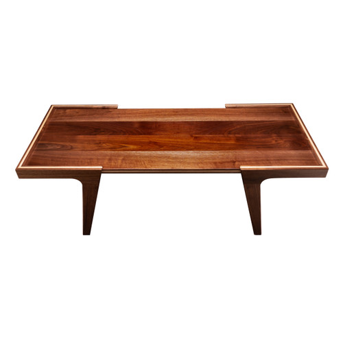 Solid walnut modern coffee table front view with minimalist frame, floating inset top, maple center layer, and tapered legs