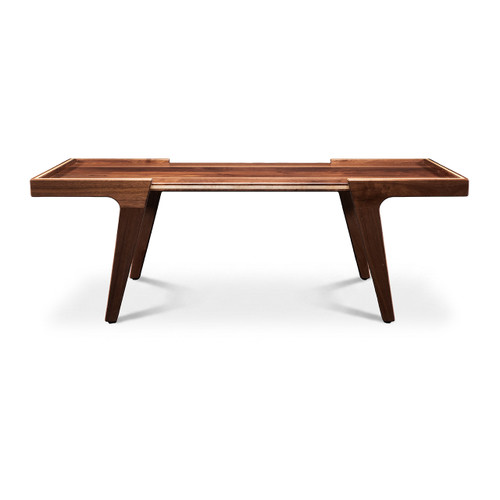 Low front view of minimalist solid walnut coffee table with clean modern silhouette, inset floating top, and angled legs