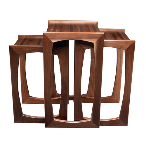 Modern walnut nesting tables nested together with butcher block tops, mitered solid walnut legs, and maple spline joinery