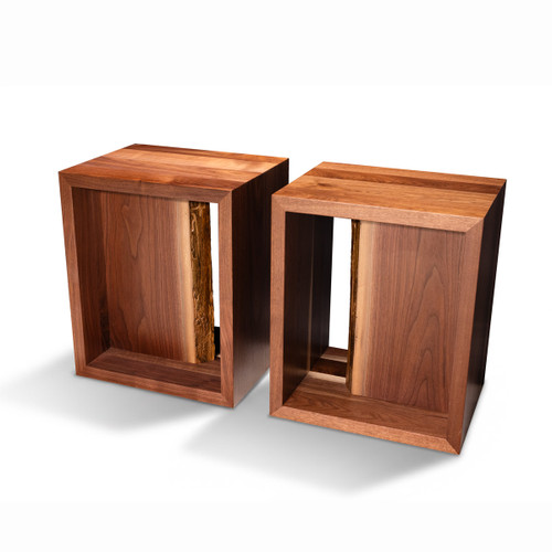 Two handcrafted walnut rift side tables from HLC Furniture with live edge center panels, angled view from the right