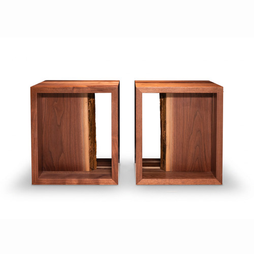Pair of walnut rift live edge side tables from HLC Furniture with open cube frames, front view on white background