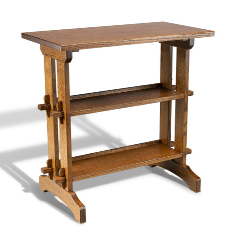 Quartersawn white oak Arts & Crafts book stand from HLC Furniture with two open shelves, low angled view