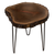 A handcrafted custom round live edge wood end table featuring a unique, natural grain authentic wood slab supported by three sleek black metal V-shaped legs.