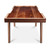 Short-side view of solid walnut modern coffee table with raised tray-style edge, floating top, and slim tapered legs