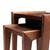 Close-up left detail of modern walnut nesting tables with butcher block walnut tops, mitered legs, and light maple spline accents