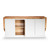 Front view of Rift Credenza with open door revealing interior storage, adjustable shelf, and contrasting live-edge maple top