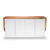 Front view of Rift Credenza with closed white four-door cabinet, thick maple waterfall top, and clean modern silhouette