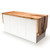 Rift Credenza with live-edge wormy maple waterfall slab, white four-door cabinet base, and modern architectural storage design