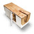 Rift Credenza with open cabinet door showing adjustable interior shelving, white seamless doors, and live-edge maple waterfall top