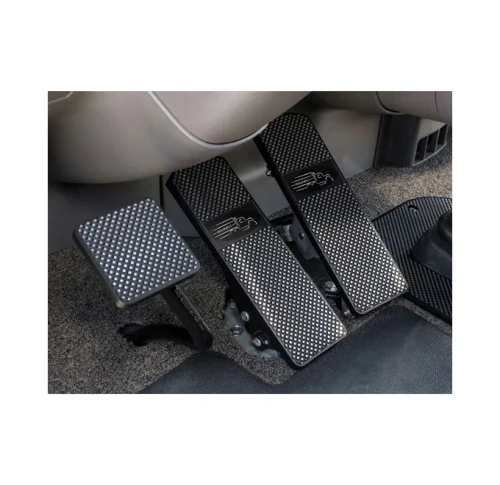 RealWheels Black Anodized Aluminum Billet Pedal Set W/ Peterbilt Logo & Pyramid Cut Design For Peterbilt 367, 379, 386, 388, 389, 389 Glider