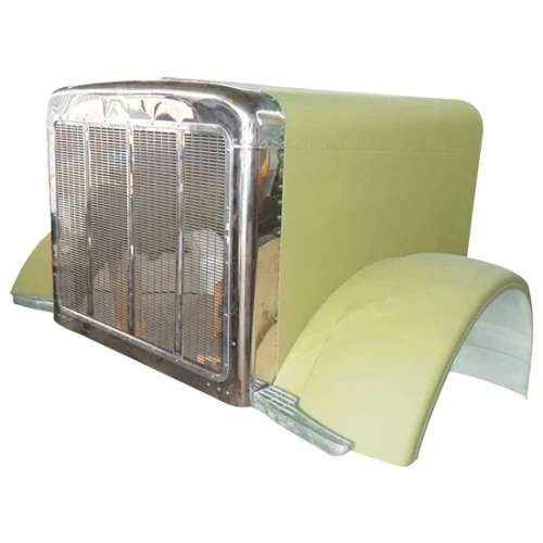 "Small But Mighty Aluminum Hood With SS Extended Grille &  Surround For Peterbilt 379 119 BBC Short Hybrid"