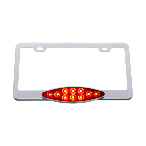 Chrome License Plate Frame With 10 LED Cats Eye Light - Red LED/Red Lens