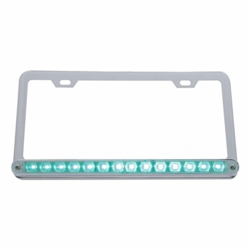 Chrome License Plate Frame With 14 LED 12" Light Bar - Green LED/Clear Lens
