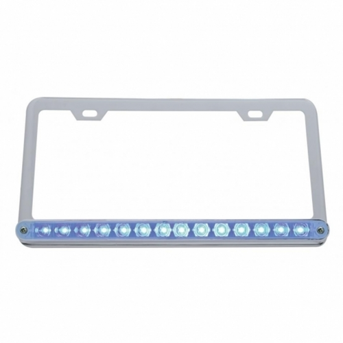 Chrome License Plate Frame With 14 LED 12" Light Bar - Blue LED/Clear Lens