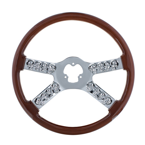 18" Chrome Steering Wheel With Skull Accent - Wood 18" Chrome Steering Wheel With Skull Accent - Wood