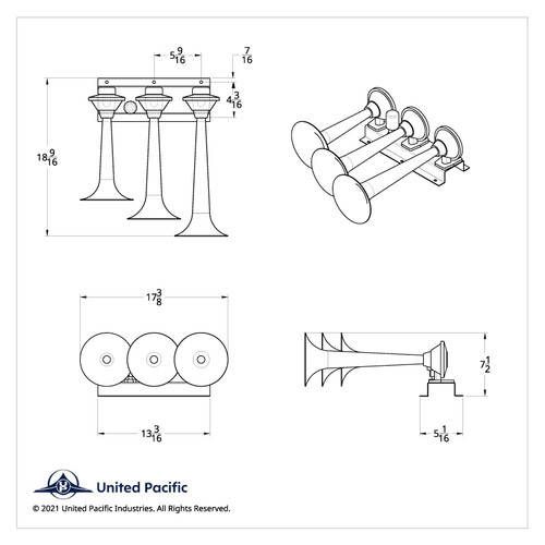 3 Trumpets Horizontal Chrome Train Horn - Right 3 Trumpets Horizontal Chrome Train Horn - Right